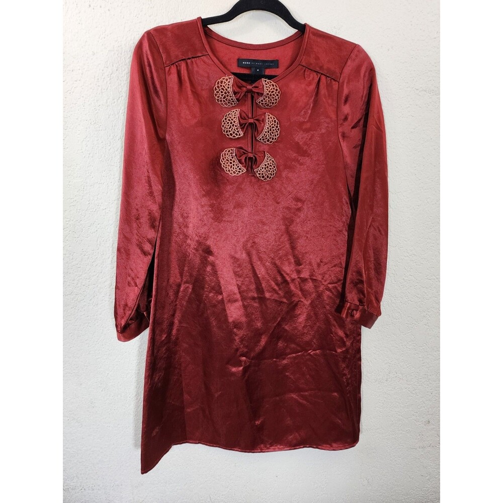 Marc By Marc Jacobs Womens Dress 4 Red Triacetate Satin Metallic Bow Long Sleeve